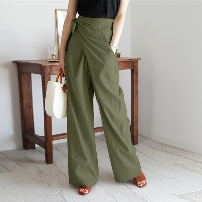 mvrsgreen Women's Vintage Cotton Trousers Celmia Autumn Long Pants Casual Loose High Waist Office Solid Wide-leg Pantalon Femme