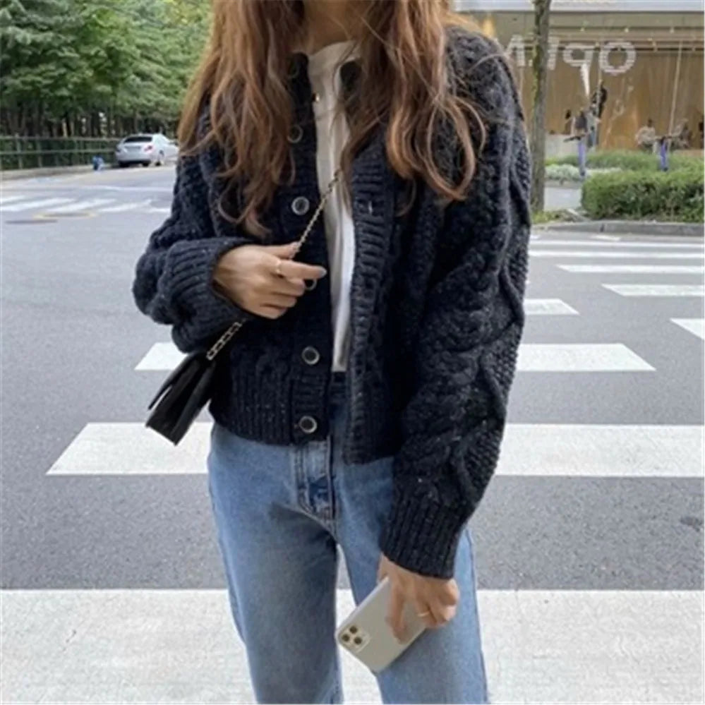 mvrsgreen - Women Knitted Cardigan Sweater Korean Autumn Winter Cardigan Sweater Coat Round Neck Single Breasted Loose Long Sleeve Coat