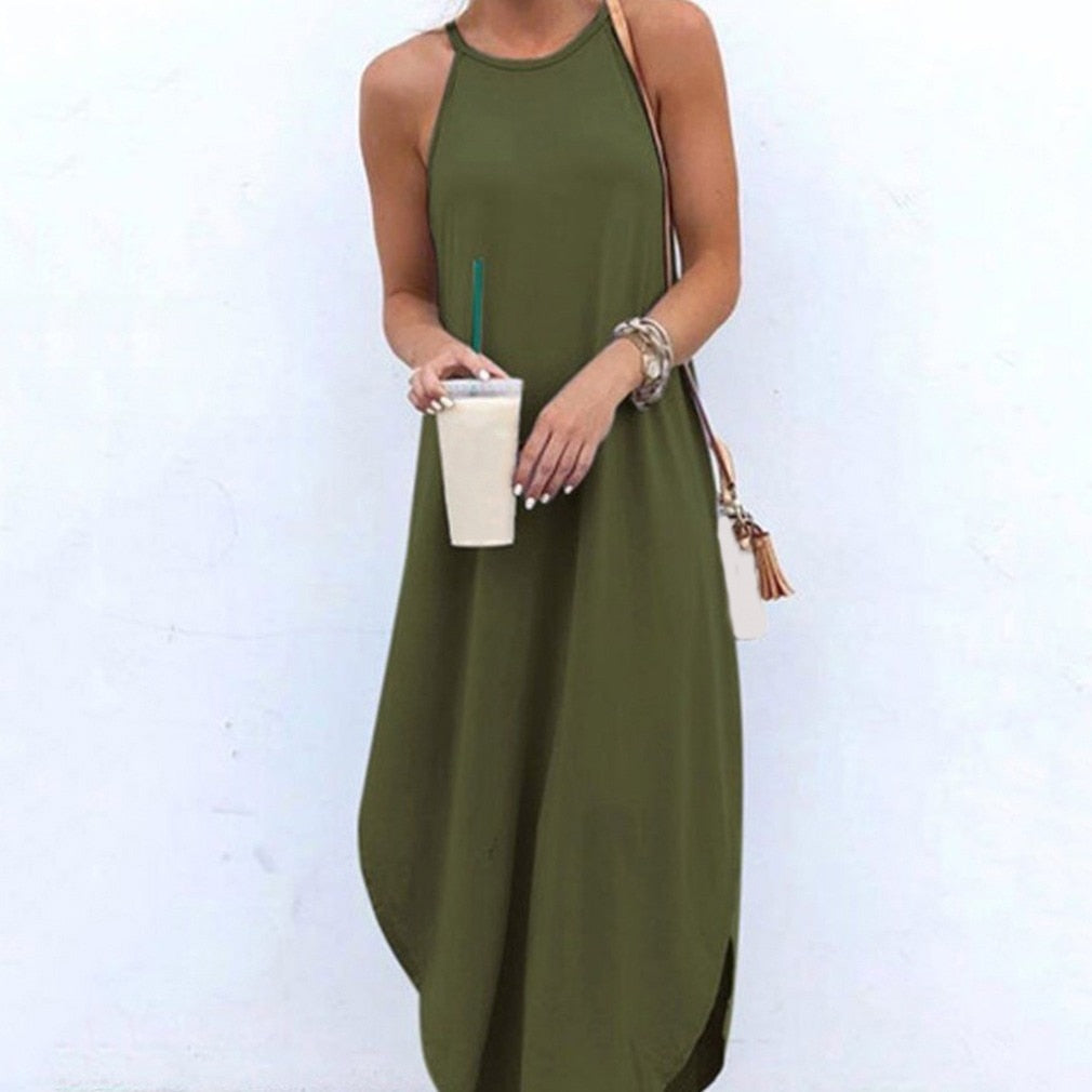 Women Dress Summer Casual Sleeveless Halter Solid Beach Long Dress Round Neck Sling Fashion Beach Clothes Plus Size 5XL