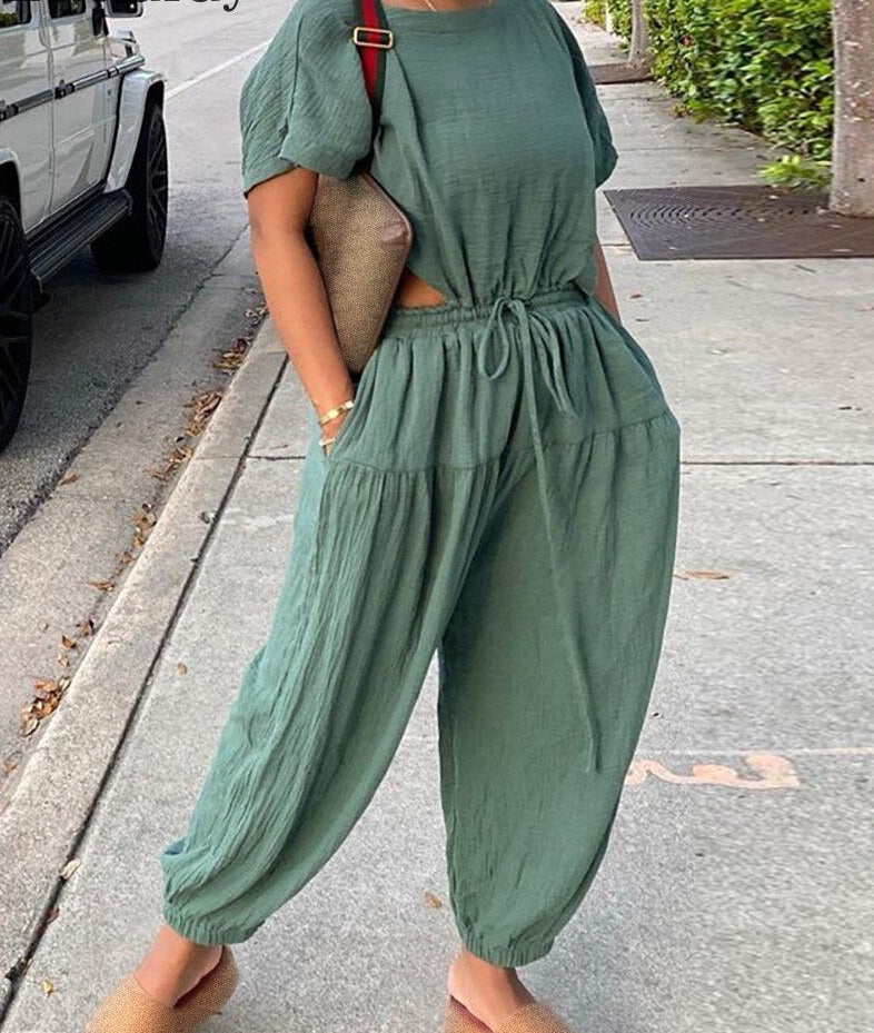 mvrsgreen alt black girl going out?classic style women edgy style church outfit brunch outfit cute spring outfits Women Short Sleeve Top and Pocket Design Drawstring Harem Pants 2pcs Set