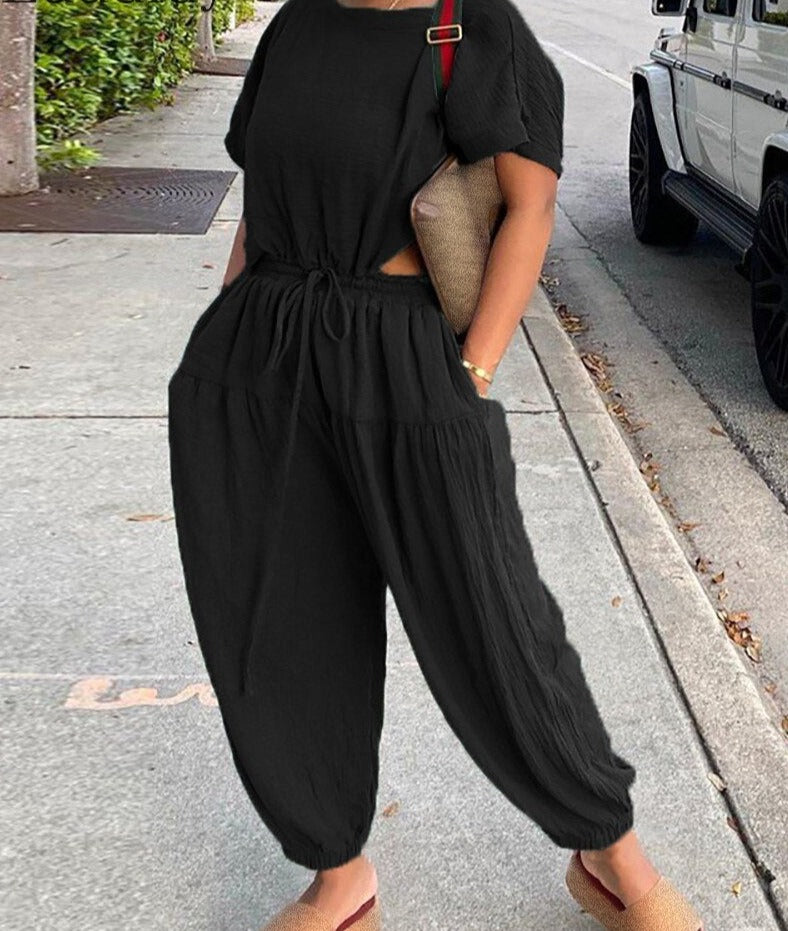 mvrsgreen alt black girl going out?classic style women edgy style church outfit brunch outfit cute spring outfits Women Short Sleeve Top and Pocket Design Drawstring Harem Pants 2pcs Set