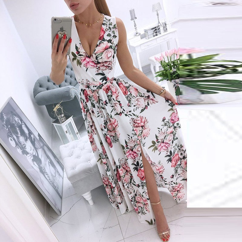 Summer Deep V-Neck Sleeveless Beach Dress Elegant Women Chiffon Split Maxi Party Dress Vintage Floral Print Long Dresses Vestido