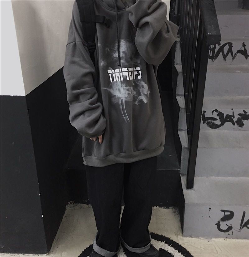 mvrsgreen alt black girl going out classic style women edgy style church outfit brunch outfit cute spring outfits Hooded Autumn Winter Korean Version Ins Dark Printing Loose Lazy Style Plus Velvet Long-sleeved Sweater Academy Couple Tide