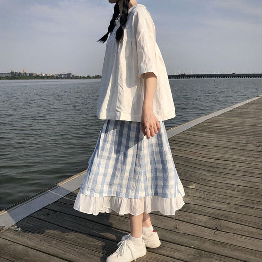 mvrsgreen alt black girl going out classic style women edgy style church outfit brunch outfit cute spring outfitsPlaid long skirt suit for women summer two-piece short sleeve cover belly slim Korean style doll collar short academy sleeve to