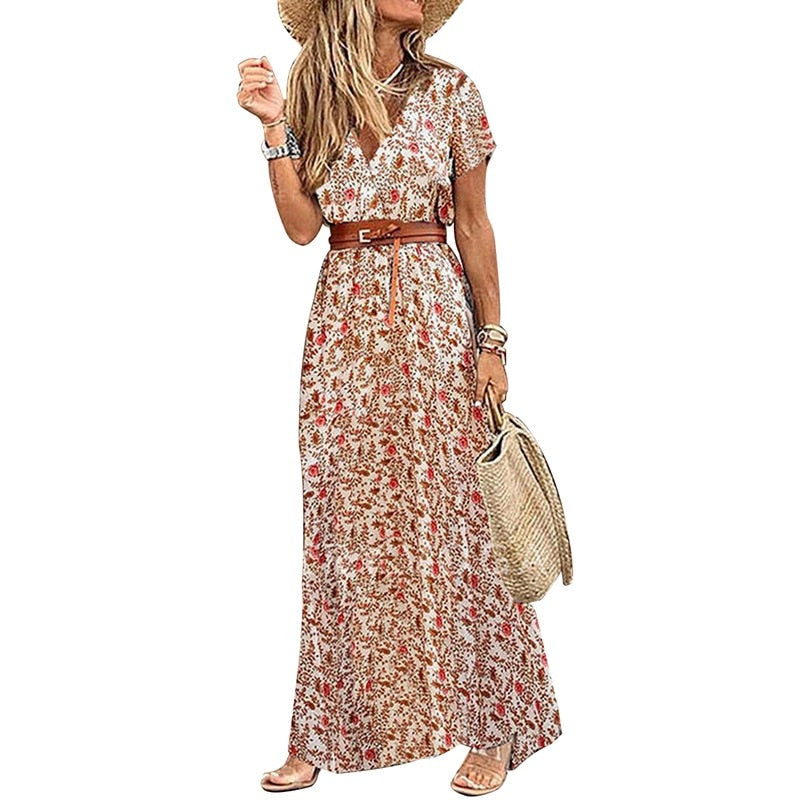 lovwvol Womens Long Dress Summer V-neck Boho Belted Maxi Dress Casual Sexy Party Dress Ladies Bohemian Beach Holiday Sundress