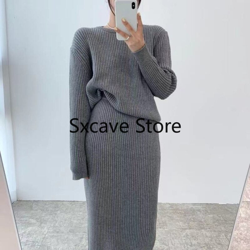 mvrsgreen alt black girl  going out Winter 2 Piece Dress Set Women Elegant Knitted Suits Sweater Korean Style Solid Pullover + Casual Midi Dress Tracksuits