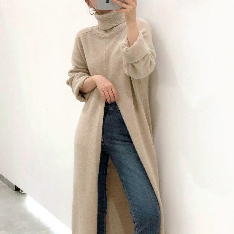 Korean Style Turtleneck Long fall winter Sweater Dress Side split Female Pullover mujer sueteres