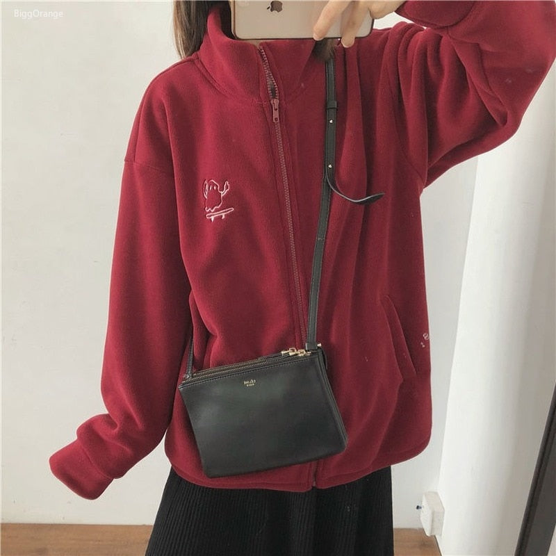 mvrsgreen Casual Fleece Thick Hoodies Women Jacket Autumn Winter Korean Fashion Loose Stand Collar Plush Zipper Sweatshirt Outwear Hoodies