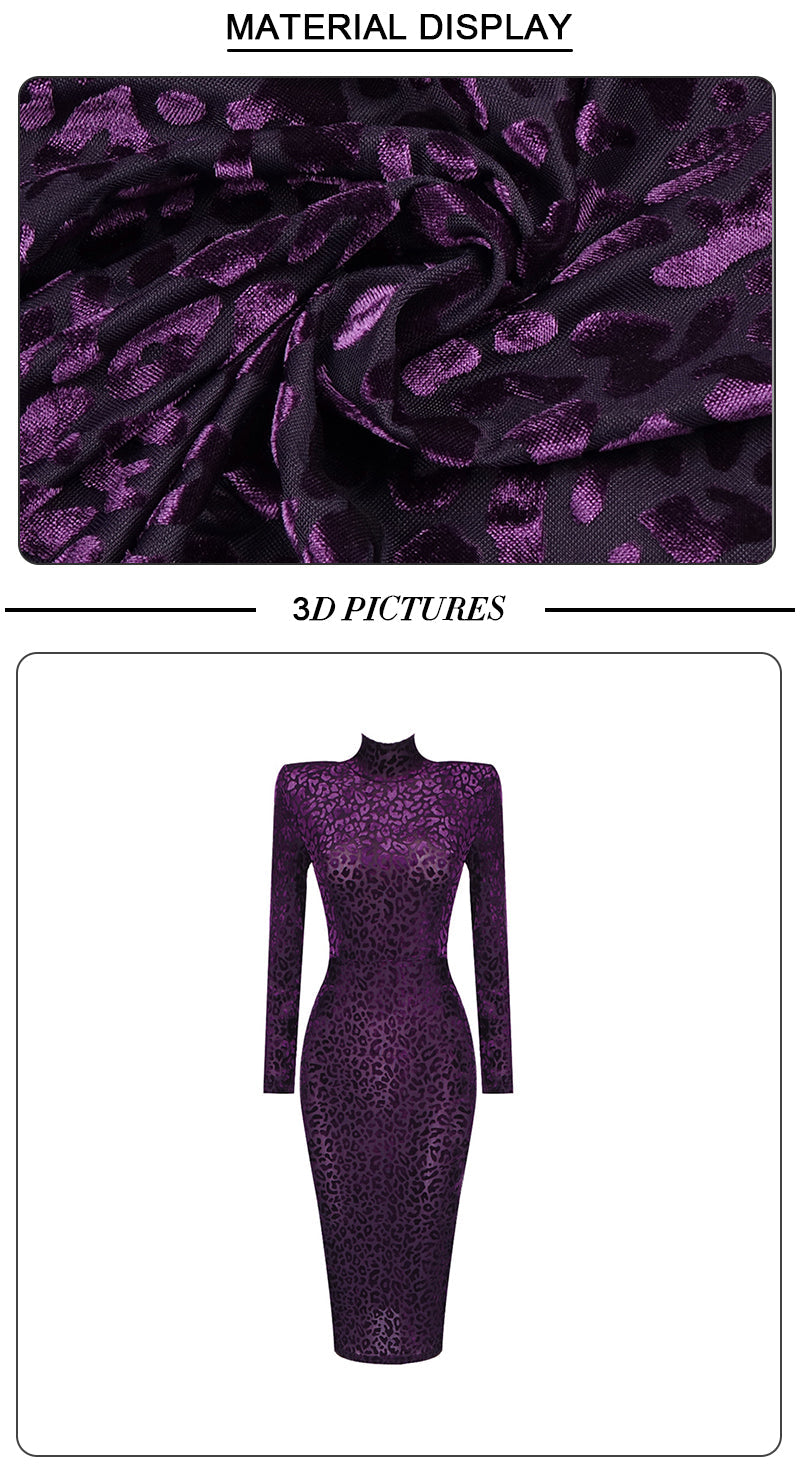 mvrsgreen alt black girl going out classic style women edgy style church outfit brunch outfit cute spring outfits New Arrival Purple Suede Leopard High Neck Long Sleeve Medium Length Dress All Free Shipping