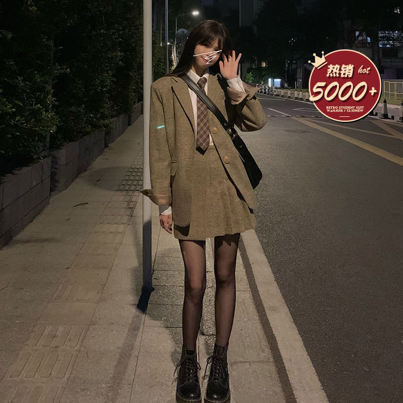 mvrsgreen alt black girl  going out Japanese woolen blazer suit sets women autumn winter coffee coat pleated skirt soft girl preppy Anime high school JK uniforms