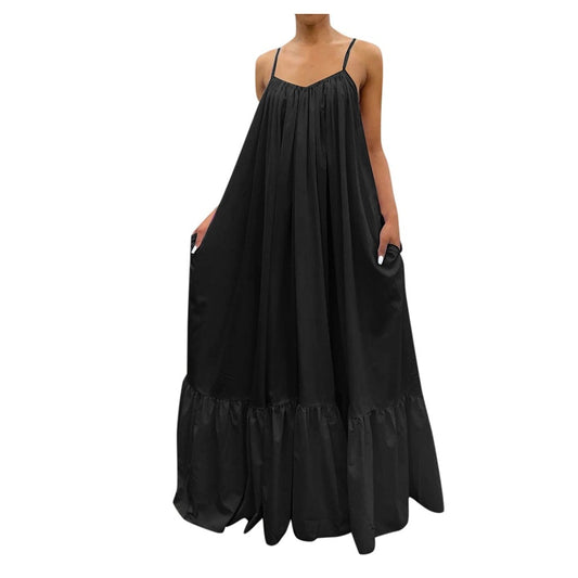 lovwvol Women Camisole Oversized Fashion Casual Solid Maxi Dresses Strap Dress Pocket Loose Backless Big Swing Solid Floor-length Robe