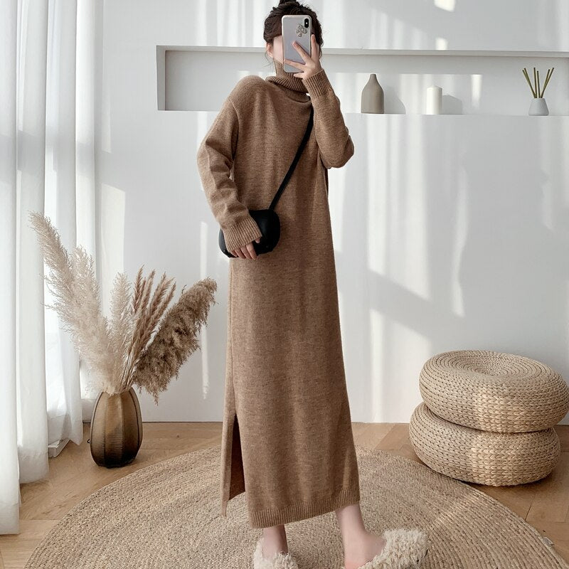 mvrsgreen  Autumn And Winter Long Over-The-Knee Knitted Dress Loose Turtleneck Sweater Skirt For Women