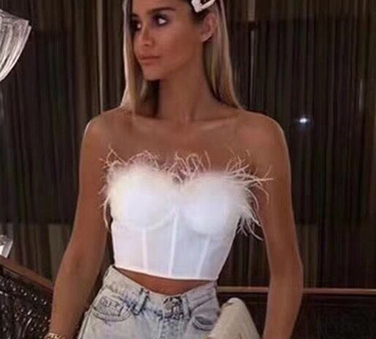 mvrsgreen alt black girl going out classic style women edgy style church outfit brunch outfit cute spring outfits New Summer High Quality Fashion Feather Strapless Black And White Bandage Top Night Club Short Top