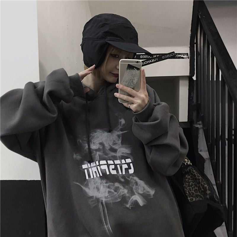 mvrsgreen alt black girl going out classic style women edgy style church outfit brunch outfit cute spring outfits Hooded Autumn Winter Korean Version Ins Dark Printing Loose Lazy Style Plus Velvet Long-sleeved Sweater Academy Couple Tide