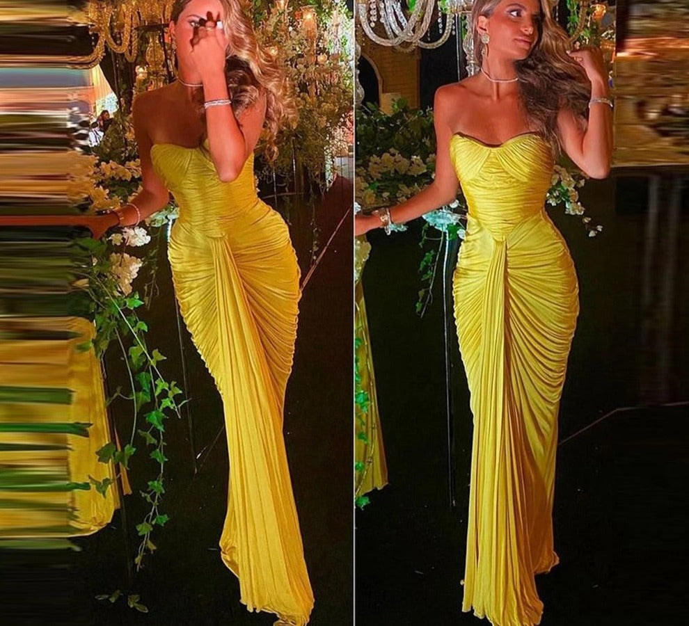 mvrsgreen  classic style women edgy style church outfit brunch outfit cute spring outfits prom dresses  Bright Yellow Chiffon&Satin Pleats Long Prom Dresses Sweetheart Mermaid Floor Length Evening Gowns Women Party Dress