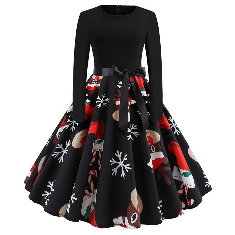 Winter Christmas Dresses Women 50S 60S Vintage Robe Swing Pinup Elegant Party Dress Long Sleeve Casual Plus Size Print Black