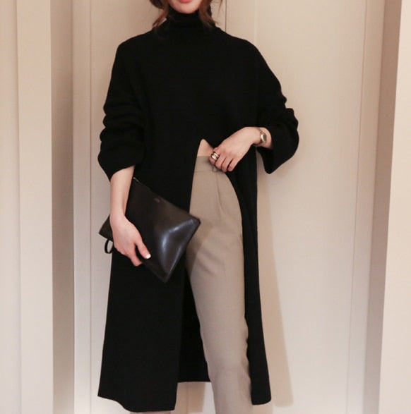 Korean Style Turtleneck Long fall winter Sweater Dress Side split Female Pullover mujer sueteres