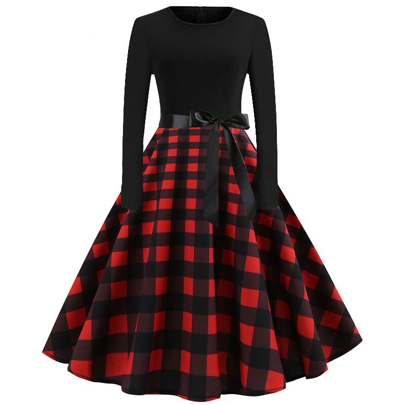 Winter Christmas Dresses Women 50S 60S Vintage Robe Swing Pinup Elegant Party Dress Long Sleeve Casual Plus Size Print Black