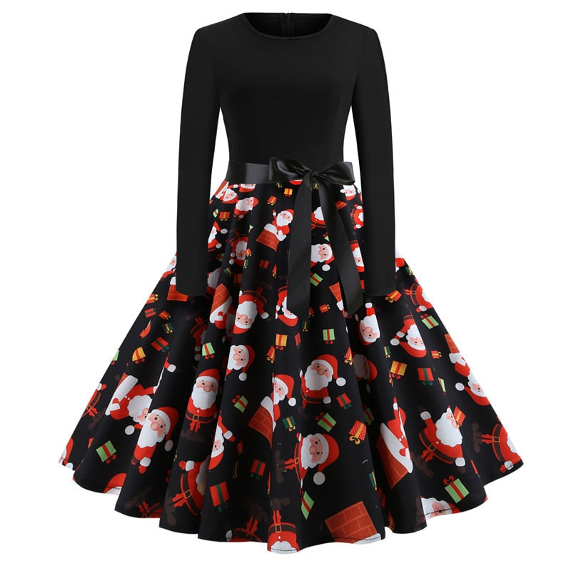 Winter Christmas Dresses Women 50S 60S Vintage Robe Swing Pinup Elegant Party Dress Long Sleeve Casual Plus Size Print Black