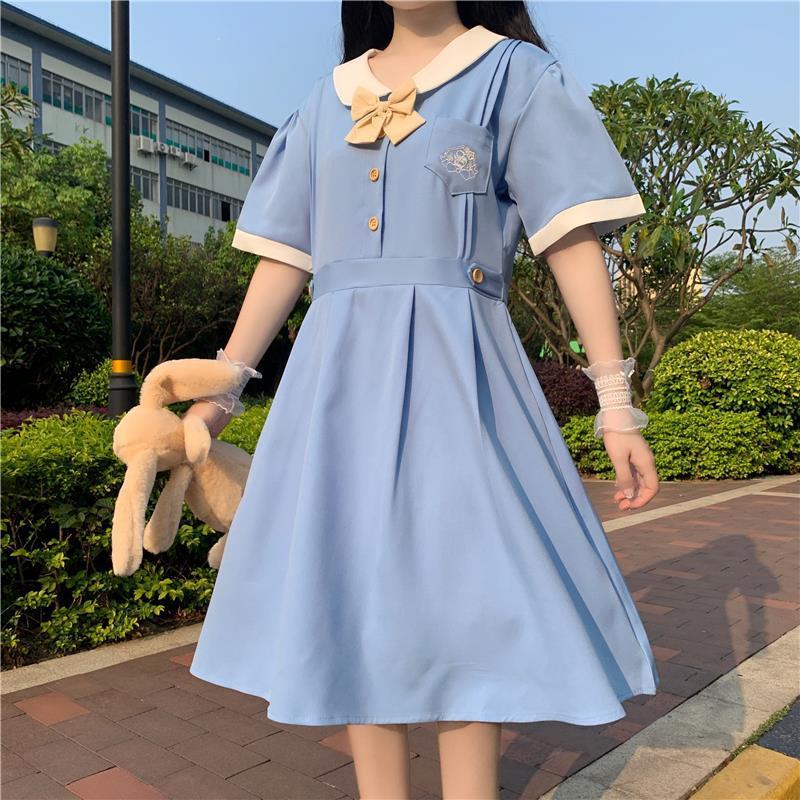 lovwvol Harajuku Sailor Collar Navy Dress Japanese Lolita Sweet Bow-knot Girl Retro Cotton Kawaii Preppy Style Short Sleeve Dress Women