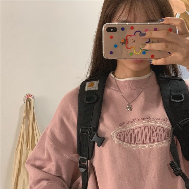 mvrsgreen alt black girl going out classic style women edgy style church outfit brunch outfit cute spring outfits Vintage shirts for women autumn winter Korean retro loose meat pink double collar letter embroidery plus velvet thick sweatshirt