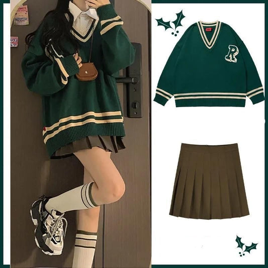 mvrsgreen classic style women  edgy style tutu [Two-piece set] women spring high street suits Hong Kong style sweet cool preppy V-neck dark green sweater + coffee A-line skirt