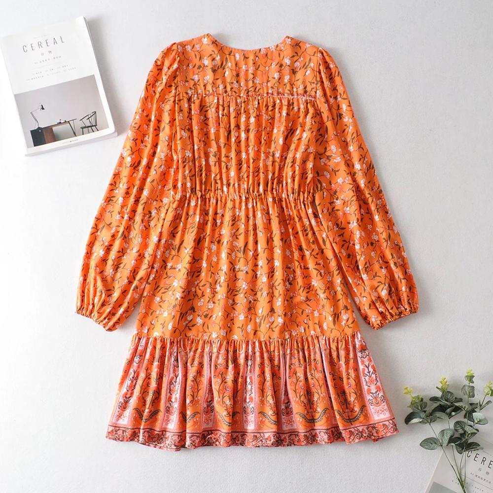 mvrsgreen alt black girl going out classic style women edgy style church outfit brunch outfit cute spring outfitsBohemia V neck Location Floral Print BOHO Long Sleeve Short Dress Orange Woman Adjustable Lacing up Waist Holiday Dresses