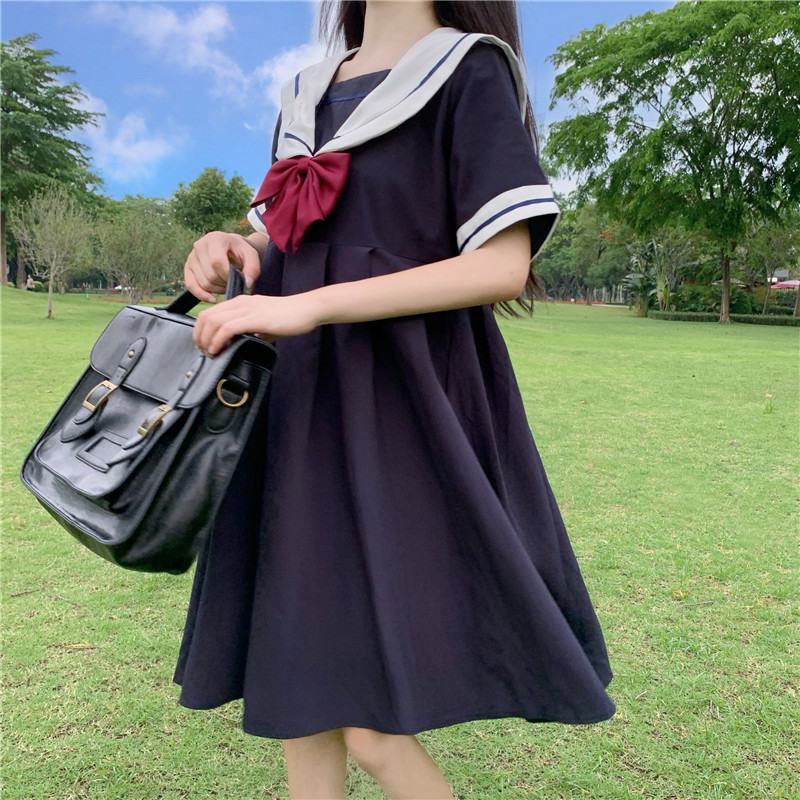 lovwvol Harajuku Sailor Collar Navy Dress Japanese Lolita Sweet Bow-knot Girl Retro Cotton Kawaii Preppy Style Short Sleeve Dress Women