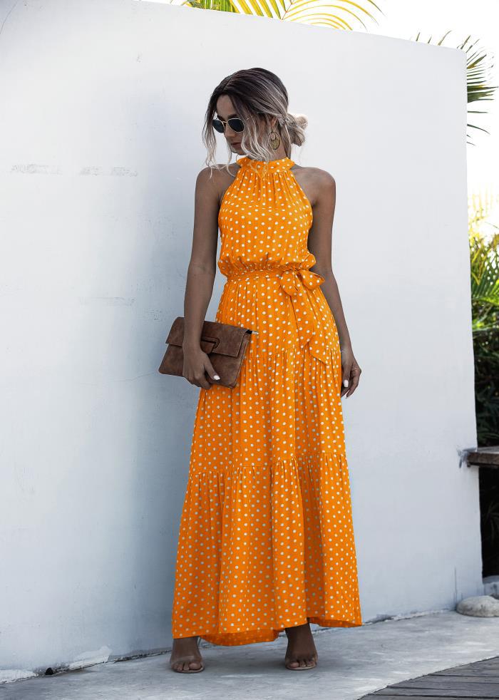 Summer Elegant  beach Women Dress  long Print Flowers Polka-dot strap Ladies Halter boho Dress Vintage party ladies Dress