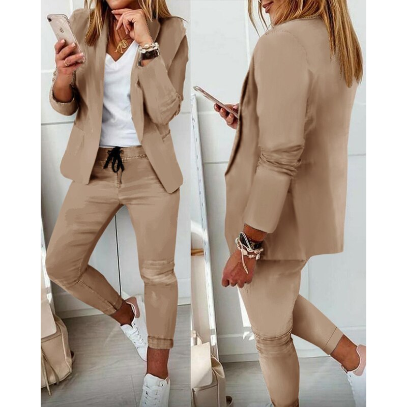 mvrsgreen Valentine's Day Office Lady Black Solid Lapel Neck Blazer Coat Jacket & Drawstring Ankle Length Pants 2 Piece Set Women Autumn Winter Clothes