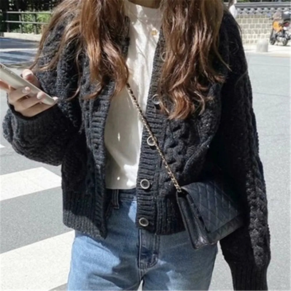 mvrsgreen - Women Knitted Cardigan Sweater Korean Autumn Winter Cardigan Sweater Coat Round Neck Single Breasted Loose Long Sleeve Coat