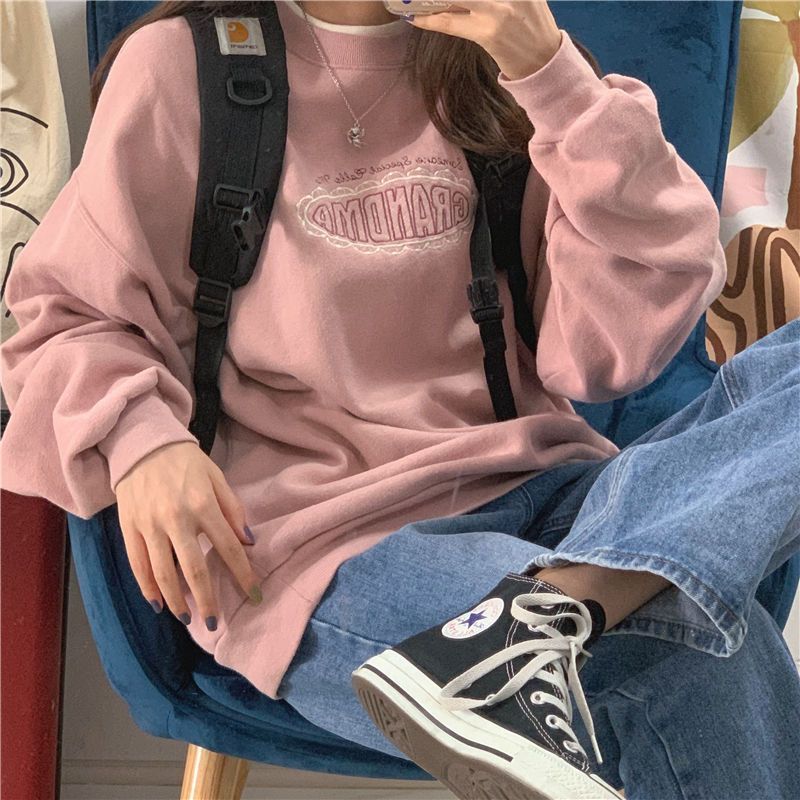 mvrsgreen alt black girl going out classic style women edgy style church outfit brunch outfit cute spring outfits Vintage shirts for women autumn winter Korean retro loose meat pink double collar letter embroidery plus velvet thick sweatshirt