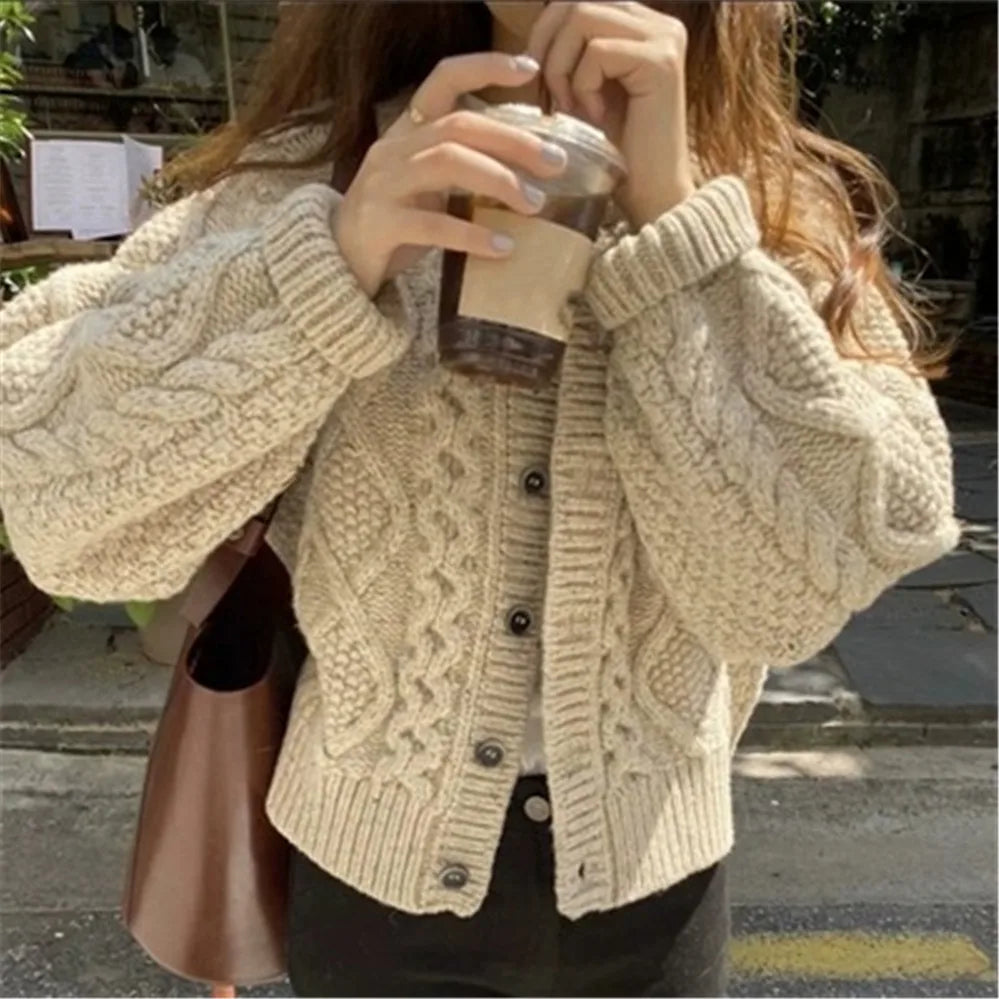 mvrsgreen - Women Knitted Cardigan Sweater Korean Autumn Winter Cardigan Sweater Coat Round Neck Single Breasted Loose Long Sleeve Coat