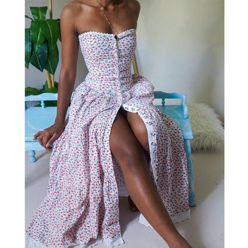 Floral Print Dress Women Sexy Strapless High Waist Elegant Party Dresses Bandeau Lace Trim Button Maxi Dress Fashion Chic Dress