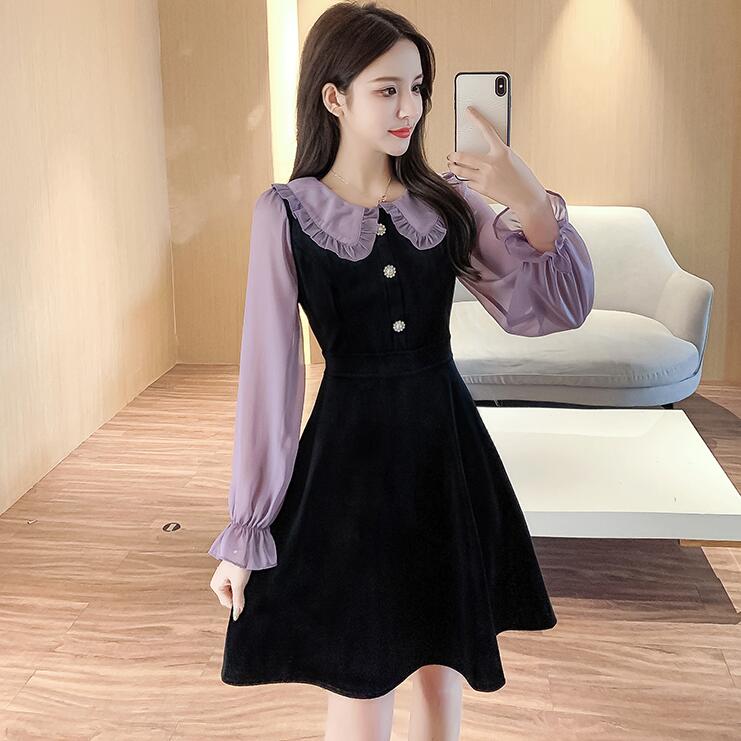 Vintage Velvet Black Dress Stand Neck Lantern Sleeve Party Dress High Waist Slim Vestidos Korean Elegant Dresses Women