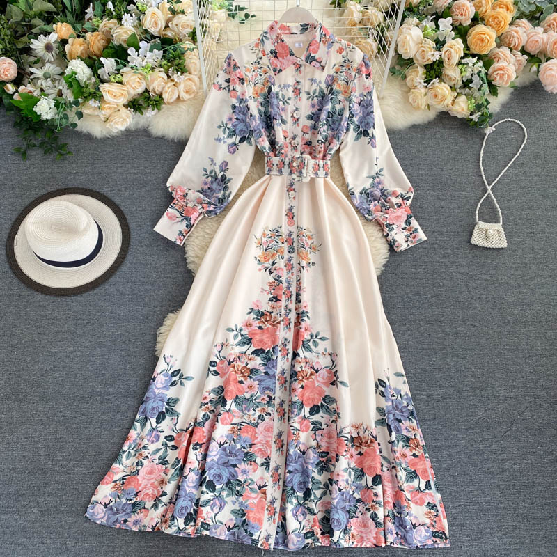 Runway Autumn Spring Vintage Long Sleeve Print Floral High Waist Boho A-Line Party Maxi Dress Elegant Luxury Dresses Women