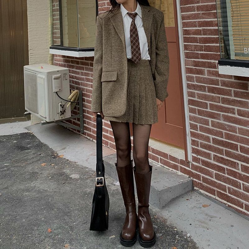 mvrsgreen alt black girl  going out Japanese woolen blazer suit sets women autumn winter coffee coat pleated skirt soft girl preppy Anime high school JK uniforms