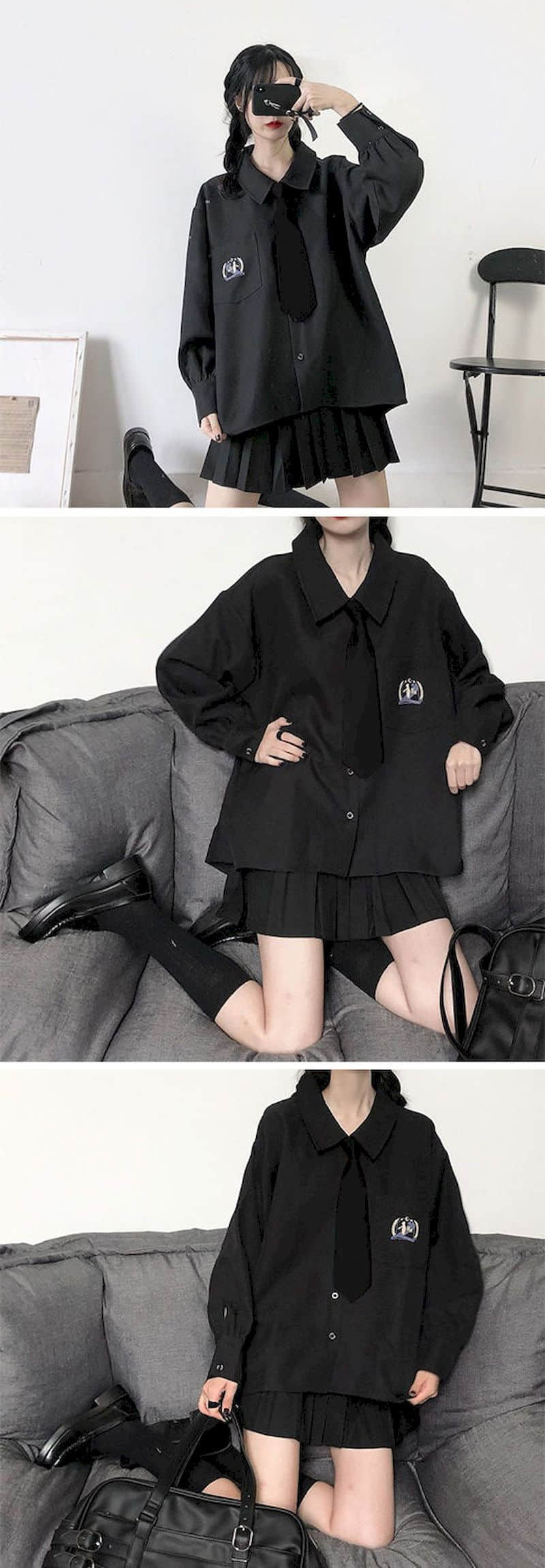 mvrsgreen alt black girl going out?classic style women edgy style church outfit brunch outfit cute spring outfitsShort Skirt Suit Women Spring  New Korean Preppy Style Casual Loose Printed Shirt With Tie + Pleated Skirt Two-piece Sets