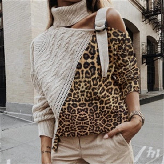 mvrsgreen Valentine's Day Women's Leopard Turtleneck Knit Sweaters Jumper Autumn Winter Strap One Shoulder Pullover Lady Long Sleeve Knitwear Female