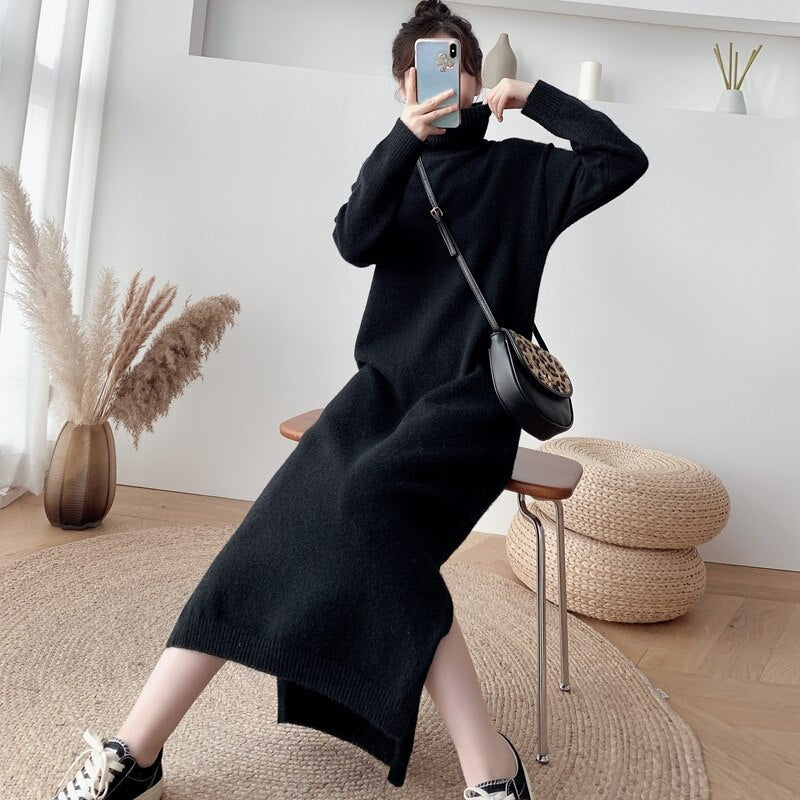 mvrsgreen  Autumn And Winter Long Over-The-Knee Knitted Dress Loose Turtleneck Sweater Skirt For Women