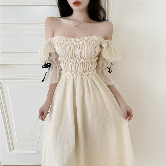 mvrsgreen Spring Ruched Dress Women Chic Puff Sleeve  Solid Off Shoulder Fairy Dress Elegant Princess Summer A-Line Dress Femme Robe