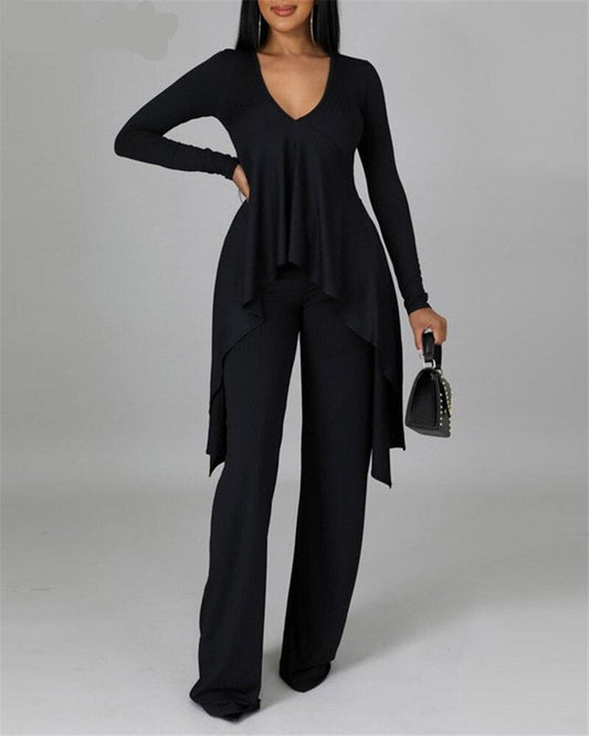 mvrsgreen alt black girl going out classic style women edgy style church outfit brunch outfit cute spring outfits Women Casual Two-Piece Sets Solid Color V-Neck Irregular Long Sleeve Top And High Waist Pants Set