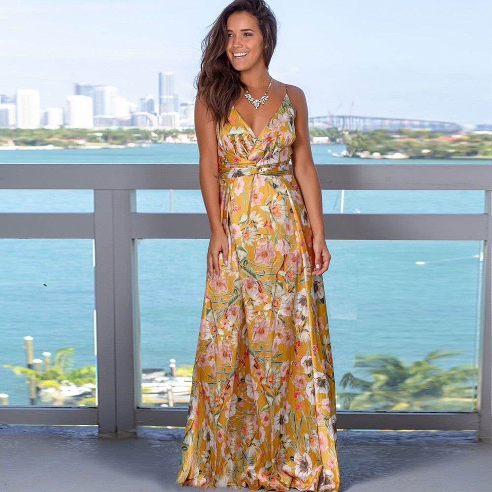 Women's Sling Floral Long Dresses arrival Summer Boho V-Neck Sleeveless  Party Beach Floarl Print  Maxi Dress Casual Sundress