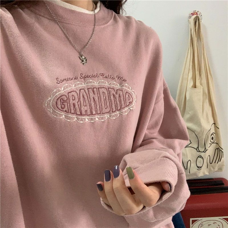 mvrsgreen alt black girl going out classic style women edgy style church outfit brunch outfit cute spring outfits Vintage shirts for women autumn winter Korean retro loose meat pink double collar letter embroidery plus velvet thick sweatshirt