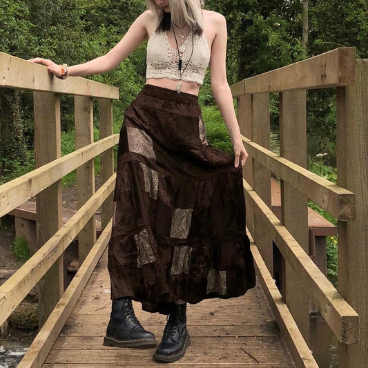 mvrsgreen alt black girl going out?classic style women edgy style church outfit brunch outfit cute spring outfits   y2k Vintage Brown Patchwork Long Skirts Printed Boho Grunge Fairycore Retro Pleated Skirts Kawaii Holiday Women Streetwear