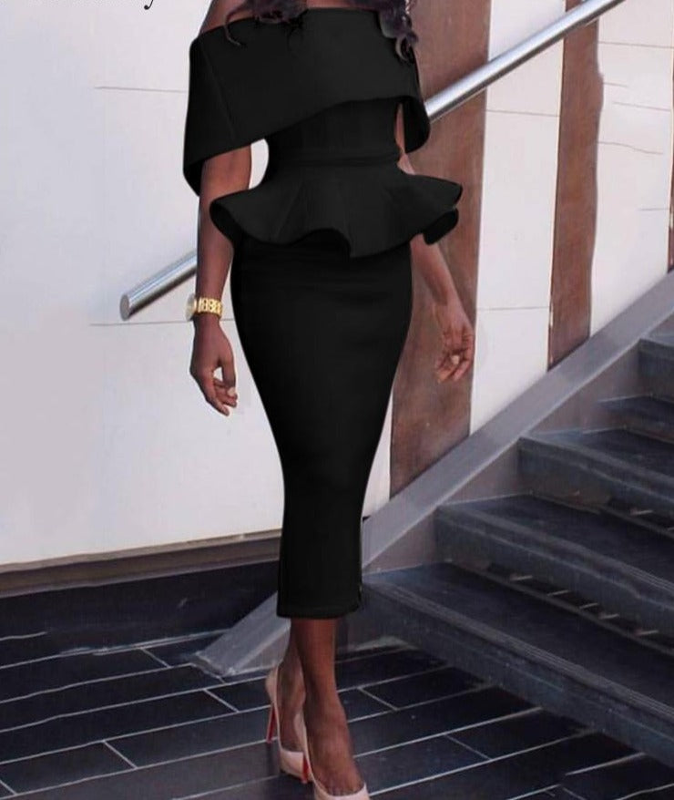 mvrsgreen alt black girl going out classic style women edgy style church outfit brunch outfit cute spring outfits Women Office Dress Slash Neck Off the Shoulder Peplum Midi Dress