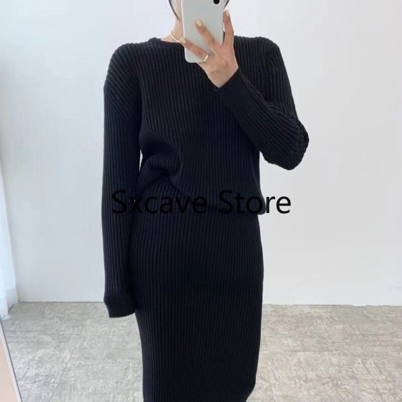 mvrsgreen alt black girl  going out Winter 2 Piece Dress Set Women Elegant Knitted Suits Sweater Korean Style Solid Pullover + Casual Midi Dress Tracksuits