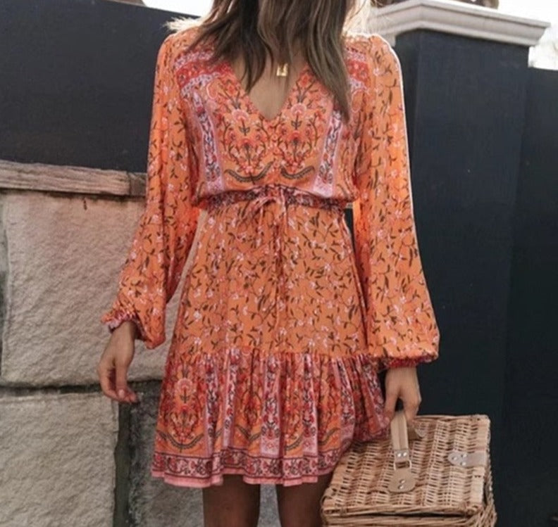 mvrsgreen alt black girl going out classic style women edgy style church outfit brunch outfit cute spring outfitsBohemia V neck Location Floral Print BOHO Long Sleeve Short Dress Orange Woman Adjustable Lacing up Waist Holiday Dresses