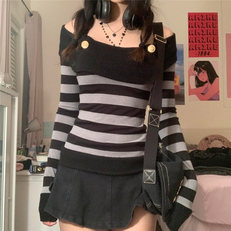 mvrsgreen alt black girl going out?classic style women edgy style church outfit brunch outfit cute spring outfitsHarajuku Retro Striped Print Grunge Tshirts Slash Neck Buttons Autumn Vintage Tops Tees Aesthetic Chic Cute Slim Fit Outfits