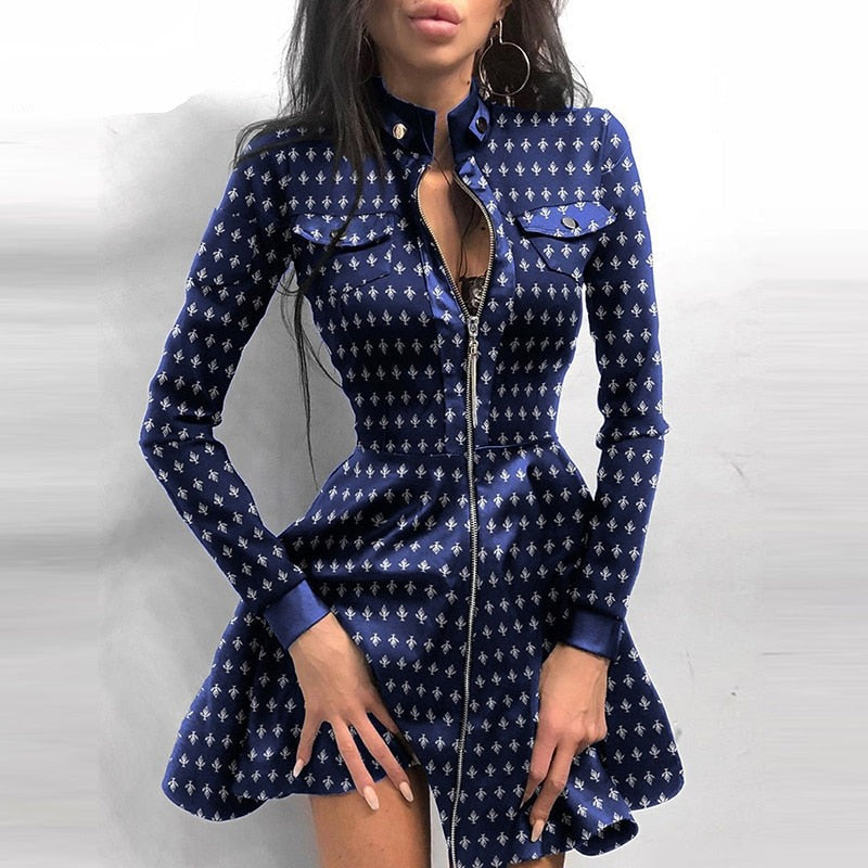 Sexy Stand Collar Print Zipper Long Sleeves Mini Dress Casual Autumn Winter Fashion Pocket Pu Leather Dress Elegant Slim Dresses